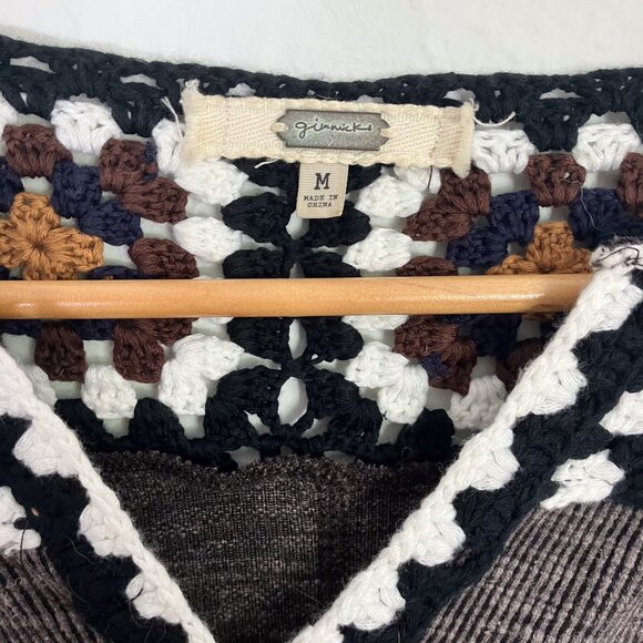 Buckle Gimmicks Pieced Crochet Long Sleeve split neck ribbed knit Top size M - Picture 6 of 7